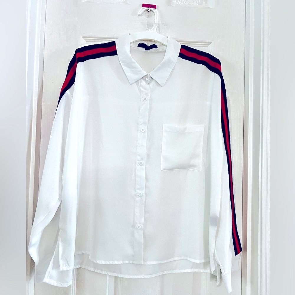Purple Rain, White Button Down Blouse with Contrast Grosgrain Navy & Red Stripe.